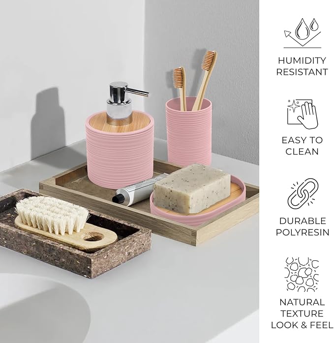 CERBIOR Bamboo Bathroom Accessories Set 6 Piece Spiral Bath Ensemble(Pink) | Includes Soap Dispenser, Toothbrush Holder, Toothbrush Cup, Soap Dish for Decorative Countertop and Housewarming Gift, Pink