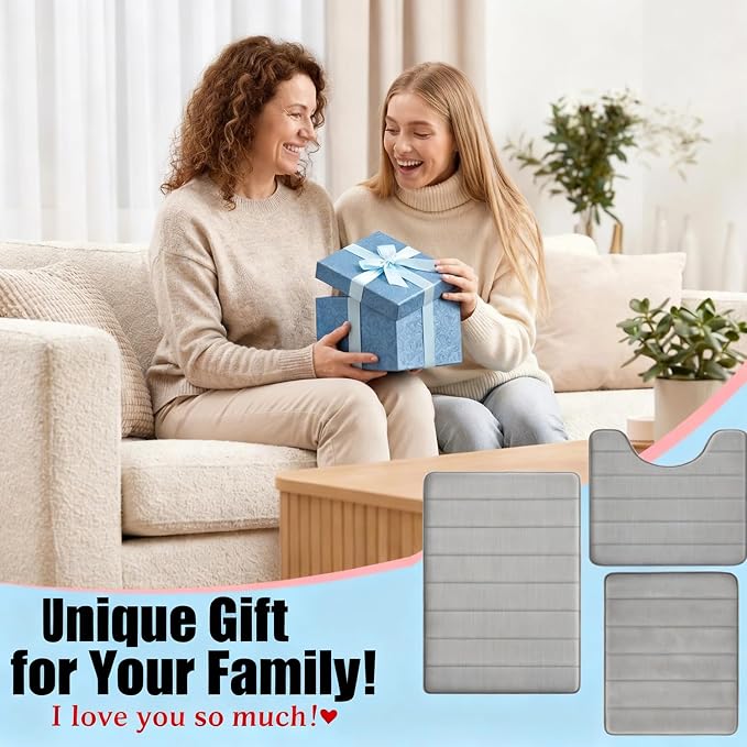 Memory Foam Bath Mat Set 3 Piece,Super Soft Absorbent Bathroom Rug Non Slip, Quick Dry,Machine Wash, Perfect Plush Bathroom Rugs,Home Decor Accessories,Grey