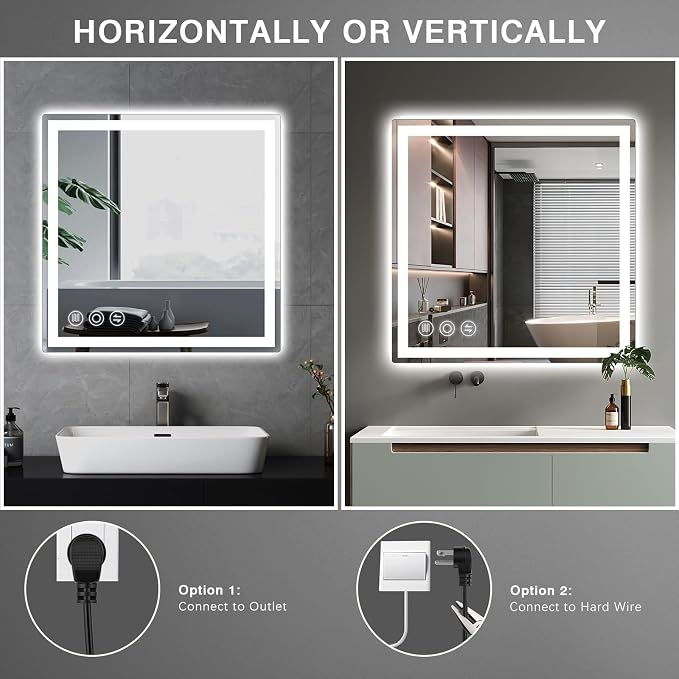 Memobarco 24" x 24" LED Bathroom Mirror with Lights, Memory Vanity Mirror | Anti-Fog, 3 Color Modes, Dimmable, Front Lit, Memory Function, Tempered Glass, Lighted Bathroom Mirror for Wall