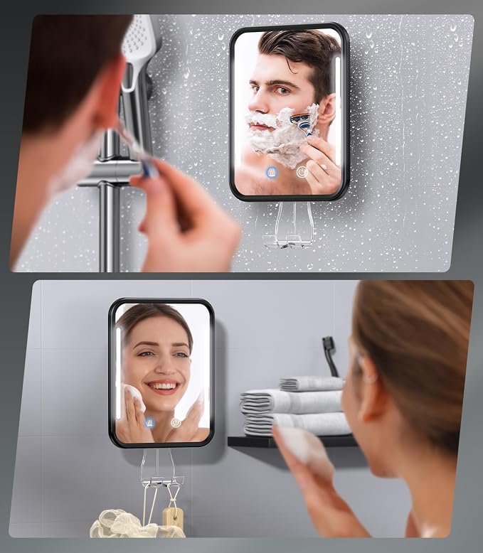 Gospire Heated Shower Mirror Fogless for Shaving with Light - Black | 5000mAh Rechargeable Battery, Detachable Suction Cup & Razor Holder for Wall, NO-Drilling, Removable, Waterproof for Bathroom