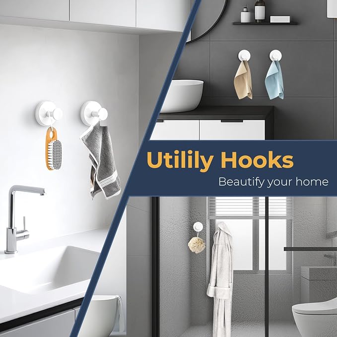 Large Suction Cup Hooks for Shower,Glass Window&Door,Mirror,Reusable Shower Hooks,No-Drill Removable Towel Hooks for Bathroom,2 Packs(Matte White)
