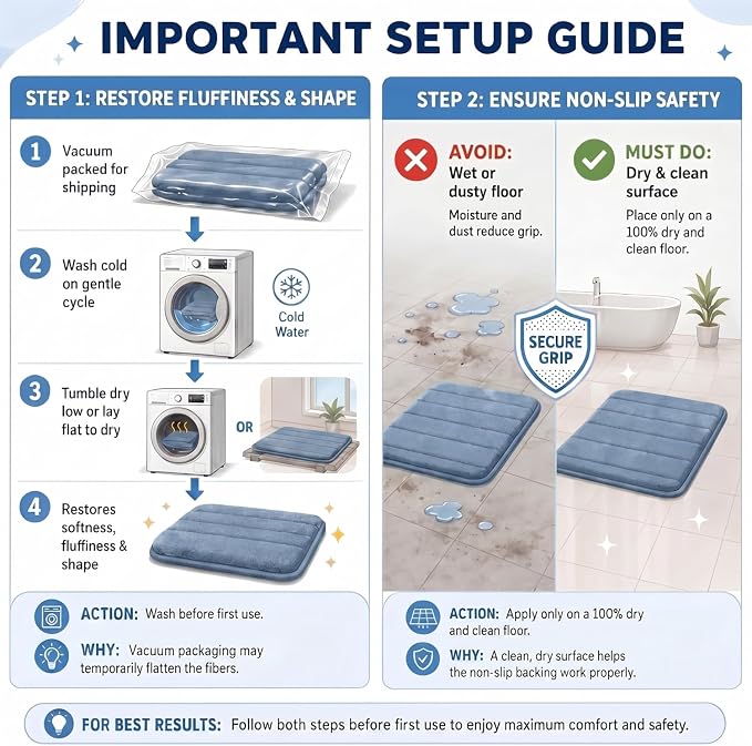 Bathroom Rugs Set 3 Piece, Memory Foam Bath Rugs, Non Slip Washable Bathroom Rug Set, Extra Soft Absorbent Bath Mats with U-Shaped Toilet Rug, Dusty Blue