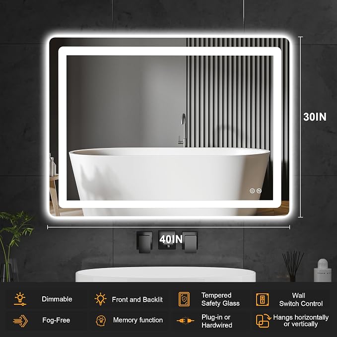 TRAHOME LED Bathroom Vanity Mirror with Lights, 30"x40" Lighted Wall Mirror | Front and Backlit, Anti Fog, Dimmable 3 Color Lighting, Memory Function, Shatterproof Glass, Plug in or Hardwired