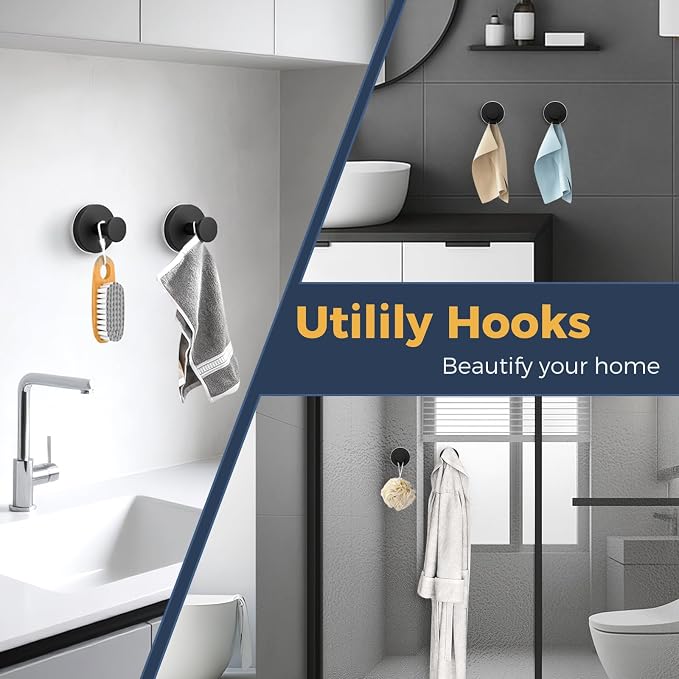 Large Suction Cup Hooks for Shower,Glass Window&Door,Mirror,Reusable Shower Hooks,No-Drill Removable Towel Hooks for Bathroom,2 Packs(Matte Black)