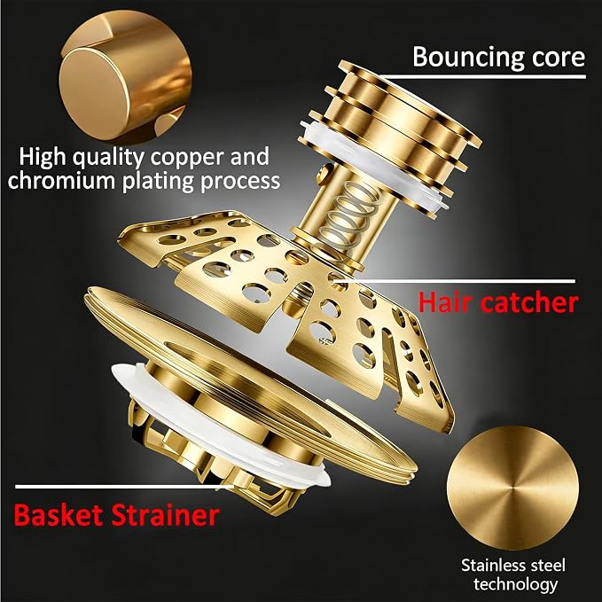 AzWzz Bathtub Drain Stopper,Pop Up Tub Stopper Plug with Hair Catcher Cover | All-metal, Universal for 1.45 in to 1.8 in Tub Drain, Brushed Gold