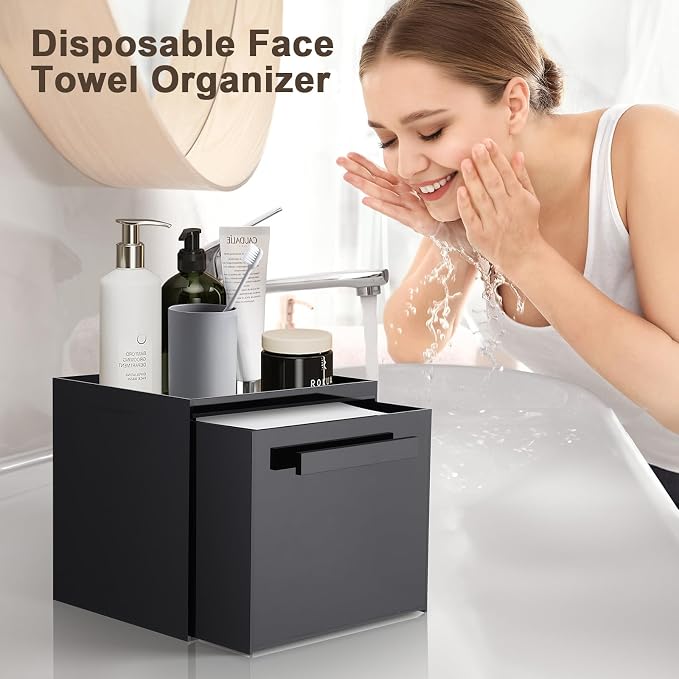Acrylic Disposable Facial Towels Holder, Wall-Mounted, Glossy Black | Premium Thicken Acrylic | Compatible with Clean Skin Club Towel XL | Skin Care Organizer with Drawer | Bathroom Vanity