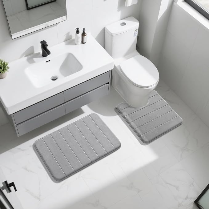 Yimobra Memory Foam Bath Mat Set 2 Piece - Super Soft Absorbent Quick Dry Bathroom Toilet Rugs, Machine Washable Non Slip Floor Carpet for Tub Shower & Single Sink (31.5x20 & 24x20, Gray)