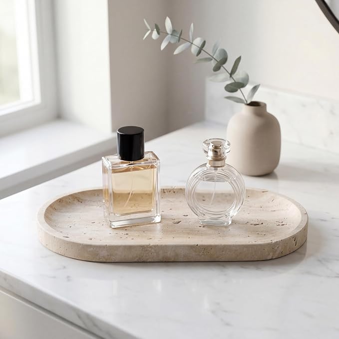 Natural Italian Travertine Tray Oval Decorative Marble Vanity Tray for Bathroom Countertop Hand-Polished Organizer for Kitchen Soap Jewelry Coffee Table Beige (11.8X5.9 Inch)