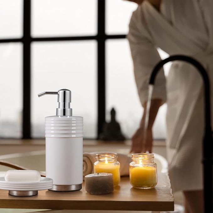 RQYIXI Ceramic 4-Piece Bathroom Accessories Set, White, Chrome Base | polished chrome metal base ribbed design with cotton canister hotel style countertop organization