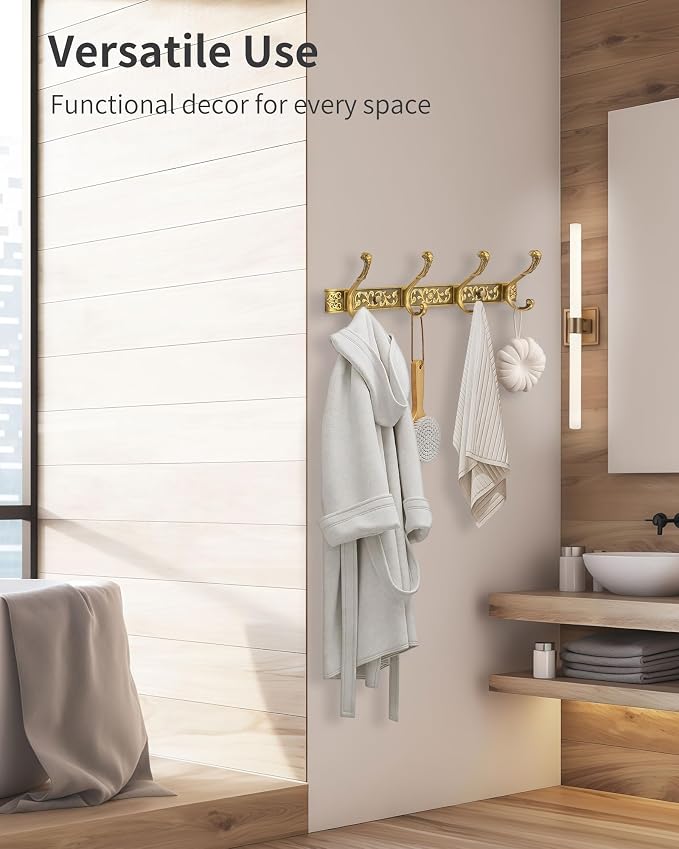 Vintage Coat Rack Wall Mount, Decorative Wall Coat Rack with 4 Hooks for Hanging Key Purse Hat Robe Towel Clothes Unique Hanger for Bathroom Shower Entryway Antique Brass 1 Pack