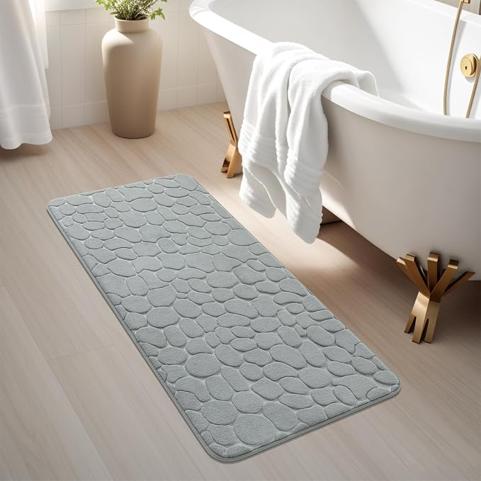 YIHOUSE Memory Foam Runner Rug, Cobblestone Bathroom Runner Rugs Super Water Absorbent Bath Mats for Bathroom Machine Washable Bath Rugs for Hallway Bedroom Laundry Room(20 x 47,Light Gray)