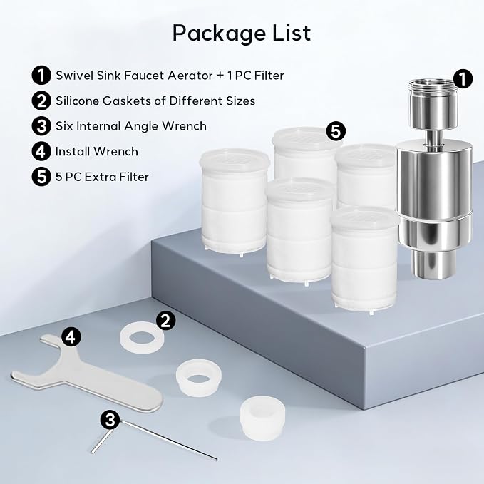 360° Twist Faucet Aerator, 304 Stainless Steel Water Filter for Sink Faucet, Reduces Heave Metal,Chlorine for Tap Water, Universal Filter Faucet for Kitchen & Bathroom, 7 Replacement Filters