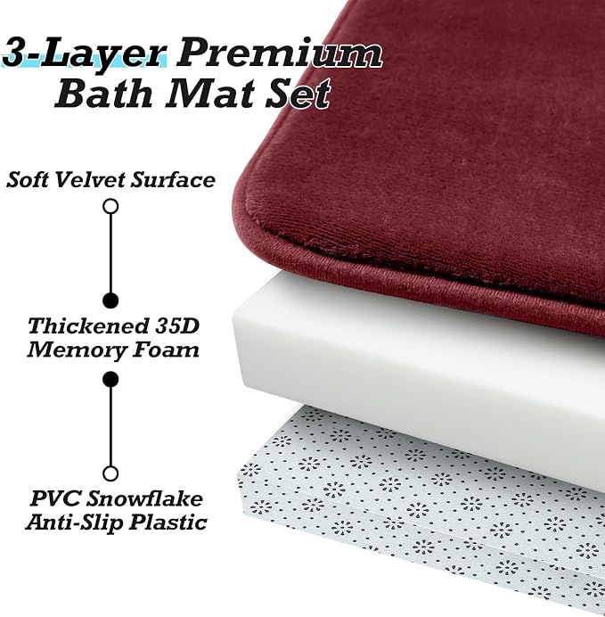 Bathroom Rugs Sets 3 Piece, Non-Slip & Quick Dry Bath Mat Set, Ultra Soft Velvet Bath Rugs for Bathroom, Toilet and Shower Floor, Red