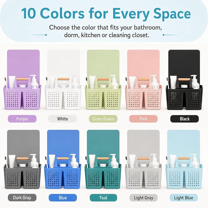 Portable Shower Caddy Basket with Wood Handle, 3-Compartment Bathroom Organizer Tote with Drain Holes, Plastic Shower Basket for Dorm, Toiletries, Cleaning Supplies, Light Blue