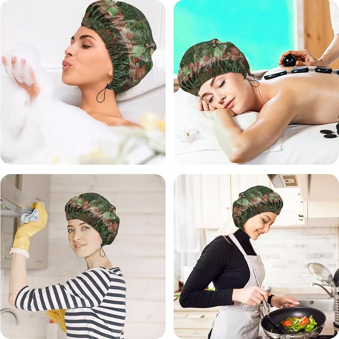 2 PCS Shower Cap Reusable Waterproof Double Layers Hair Caps Shower Bath Adjustable Elastic Hat for Women Girls Cute Aesthetic-Sea Turtle Frog