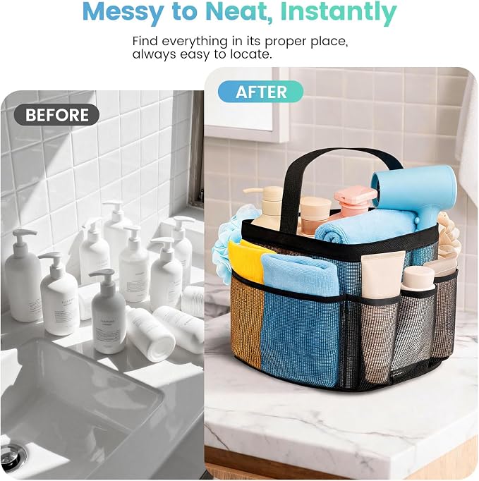 Mesh Shower Caddy Portable for College Dorm Room Essentials for Girls with 9 Pockets,Large-Capacity Shower Basket,Quick Dry Toiletry Tote Bag for Women,Outdoor Gym,Travel,Swim,Beach Camping Essentials