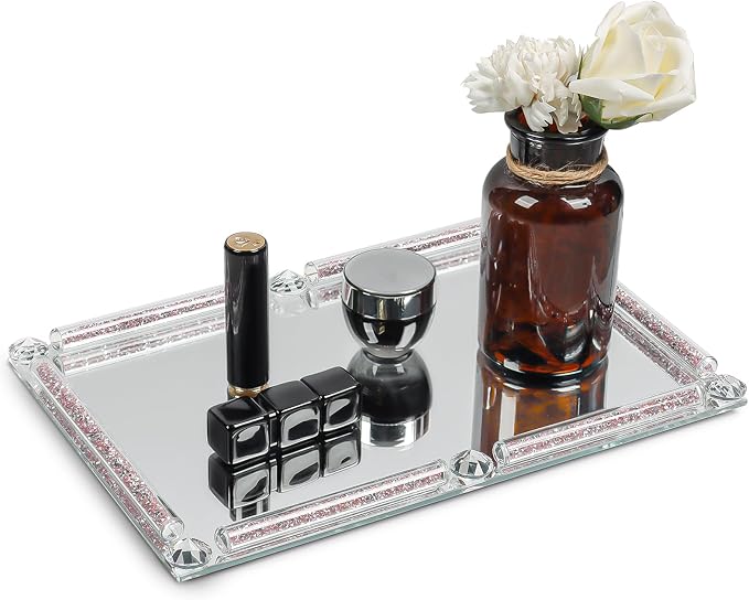 Mirror Perfume Tray for Dresser,Crushed Diamond Filled Glass Vanity Tray,Decorative Bathroom Tray,Crystal Tray for Home Decorative,Party,Hotel Banquet,11.8"x 7.9"x1.2",Pink