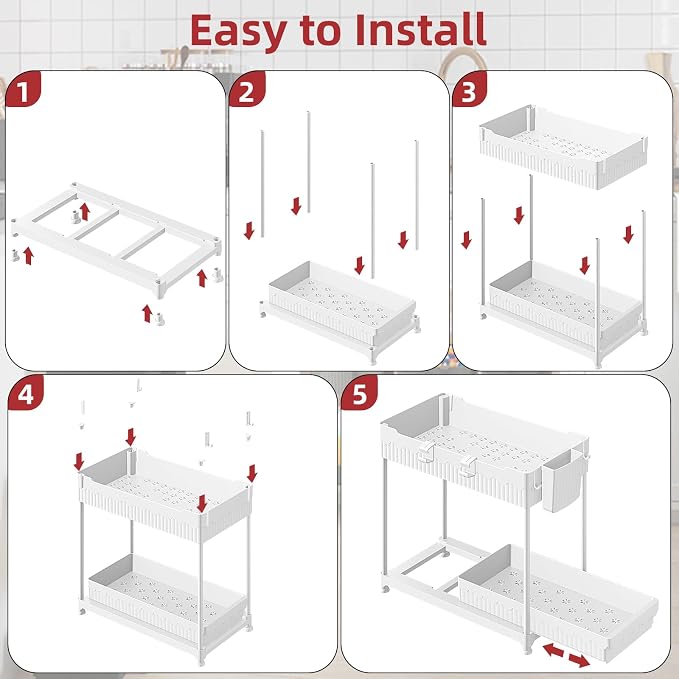 Sevenblue Under Sink Organizer, Bathroom Organizers and Storage, 2 Tier Multi-Use Pull Out Cabinet Organizer with Hang Hooks and Cups (White, 12.8 Inch)