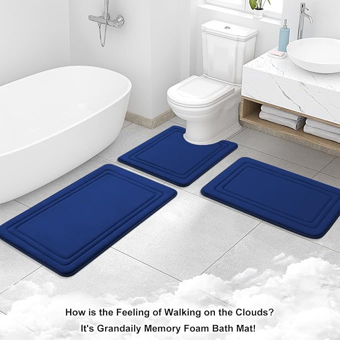 Grandaily Memory Foam Bath Mat Rug 47x32, Ultra Soft, Non-Slip and Absorbent Bathroom Rugs, Machine Wash Dry, Comfortable Bath Carpet for Bathroom Floor, Tub and Shower, Navy Blue