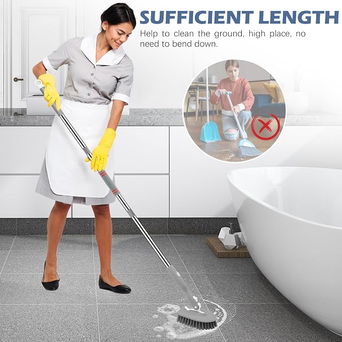 SetSail Tile Tub Scrubber Brush 3-in-1 Long Handle Shower Scrubber, Gray | with 3 Detachable Replacement Brush Head, Multi-Angle Cleaning Locks at 45°, 90°, 180° for Bathroom Kitchen Walls Tub Tile