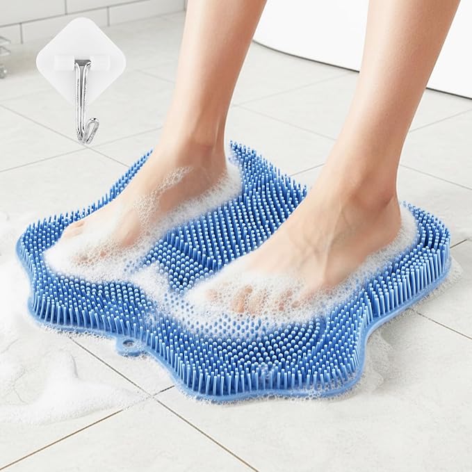 Shower Foot Scrubber,Shower Foot and Back Scrubber with Suction Cups,Butterfly Form Design,3 Brush Designs for Deep Cleaning Shower,Foot Scrubber Mat for Smooth Exfoliation(Blue)