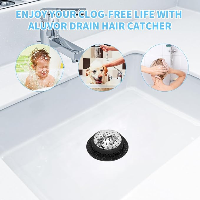Aluvor Bathtub Drain Hair Catcher Shower Drain Cover Sink Drain Protector | Bathroom Sink & Bathtub Drain Strainer for Pop-Up & Regular Drains, Black