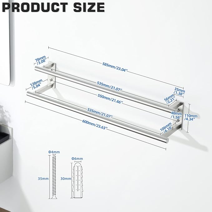 Alise 24'' Double Towel Bars for Bathroom,Wall Mount Towel Holder Towel Racks for Bathroom Labatory,SUS304 Stainless Steel Towel Hanger Towel Rails,Brushed Nickel