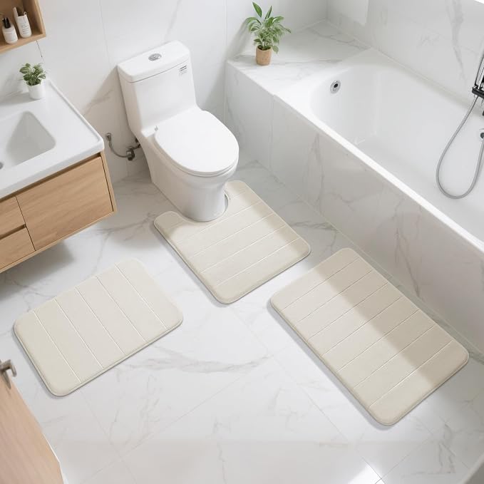 Yimobra Memory Foam Toilet Bath Mat U-Shaped, Commode Contour Rug, Soft and Comfortable, Super Water Absorbent, Non-Slip, Thick, Machine Wash Bathroom Commode Contour Rug, 24 X 20 Inches, Cream
