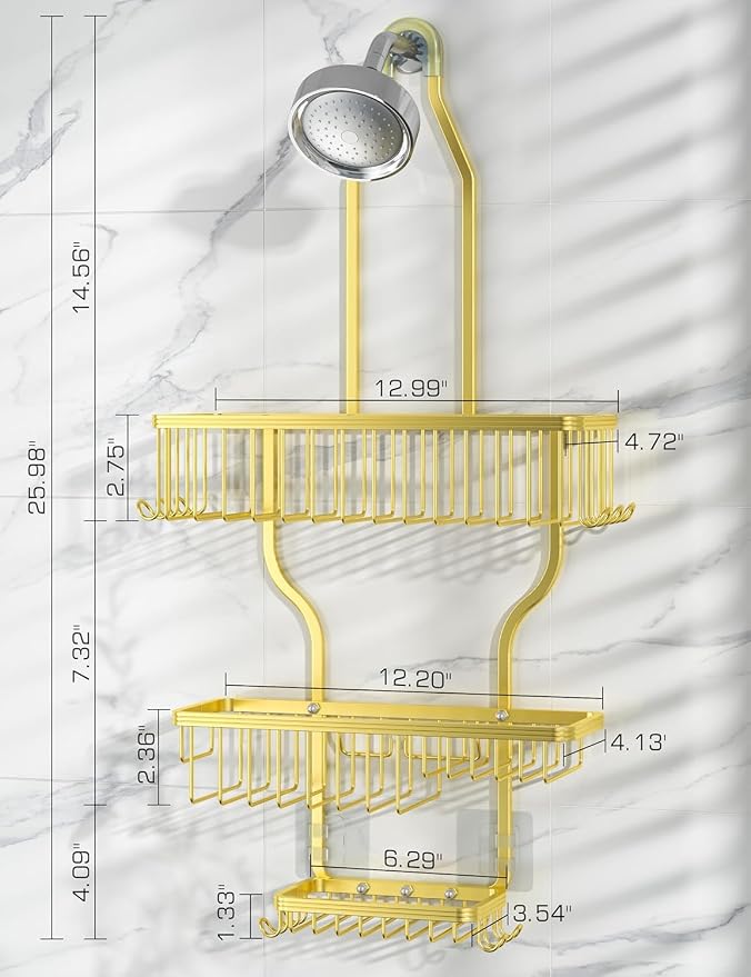 Never Rust Shower Caddy Hanging, Aluminum Shower Racks for Inside Shower, 3-Tier Shower Organizer Hanging Over Shower Head with Hooks and Soap Holder, Gold