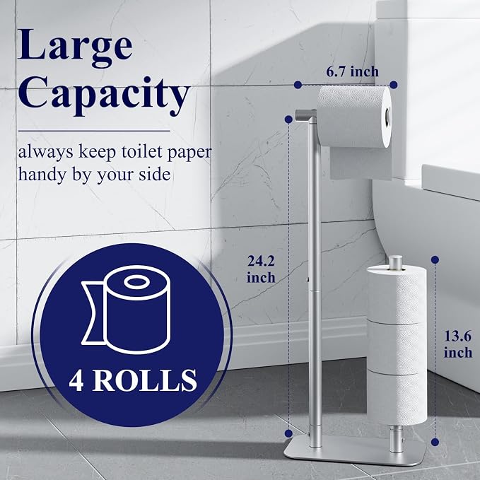 Kitsure Toilet Paper Holder Stand, Bathroom Storage, Medium, Silver | Large Capacity Toilet Paper Holder for 4 Rolls, Rustproof Toilet Paper Holder Free Standing, with Non-Slip Stable Base