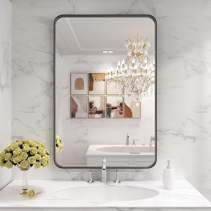 LOAAO 28X36 Inch Black Bathroom Mirror Metal Framed | Matte Black, Rounded Rectangle, Anti-Rust, Hangs Horizontally or Vertically