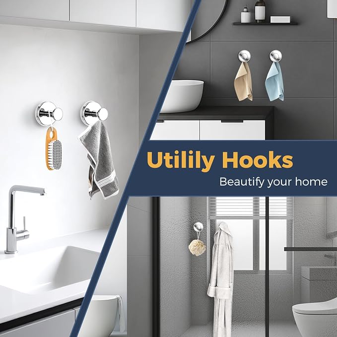 Large Suction Cup Hooks for Shower,Glass Window&Door,Mirror,Reusable Shower Hooks,No-Drill Removable Towel Hooks for Bathroom,4 Packs(Mirror Silver)