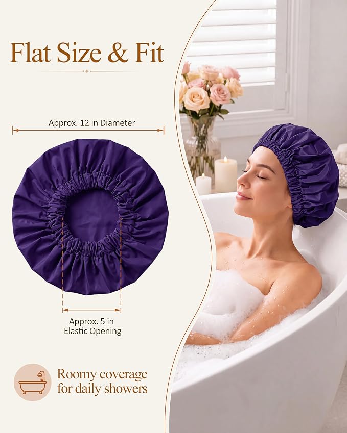 Edoneery Shower Caps for Women Reusable Waterproof, Shower Hair Cap | Washable Bonnet, Wide Elastic Band, Large Fit, Holds Long Hair, Braids Friendly, Bath Accessories, Spa, Travel
