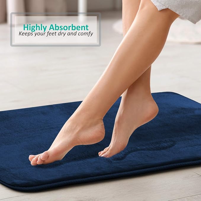 Clara Clark 2 Piece Bathroom Rugs, Velvet Memory Foam Bath Mat Set, Non-Slip Bath Rugs, Machine Wash, Dries Quickly, Ultra Soft Plush Bath Mats for Bathroom, 17 x 24 + Contour, Blue