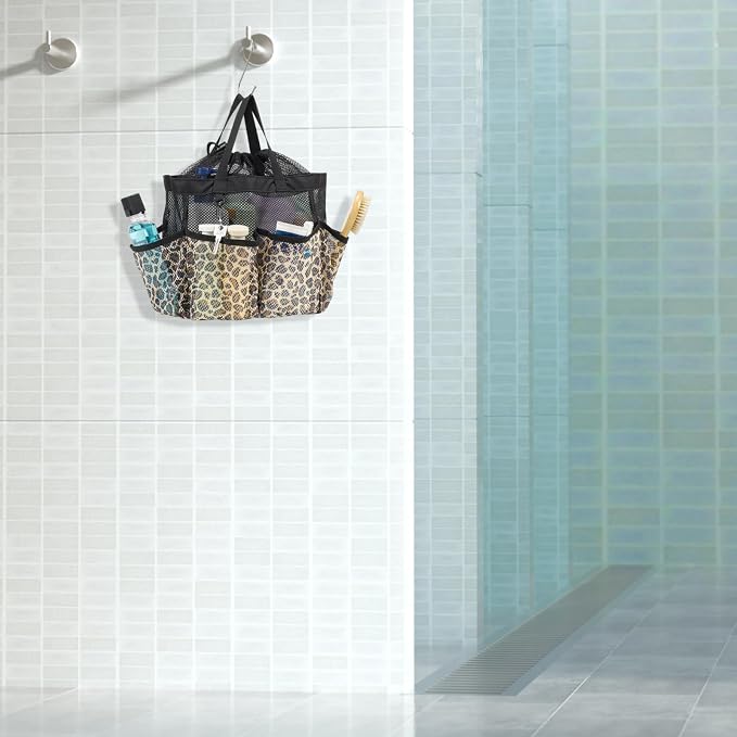 F-color Mesh Shower Caddy Portable with Drawstring - Large 8 Pockets Dorm Room Essentials for Guys Girls with S Hook, Shower Bag Basket Tote for College Camping Gym Travel Toiletry Bathroom, Leopard