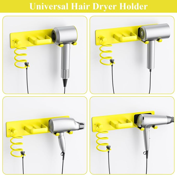 Tindbea Hair Dryer Holder Wall Mount Aluminum Alloy Hot Tools Organizer | Heavy Duty, Bright Yellow