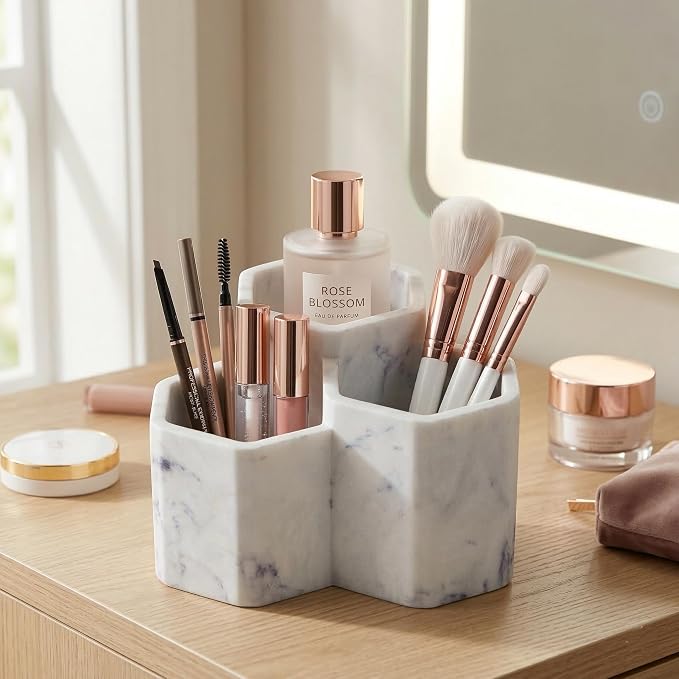 Resin Toothbrush Holder, 3-Slot Bathroom Countertop Organizer | 3-slot resin holder organizes toothbrushes, toothpaste, razors, and makeup brushes for bathroom vanity, countertop, or shower