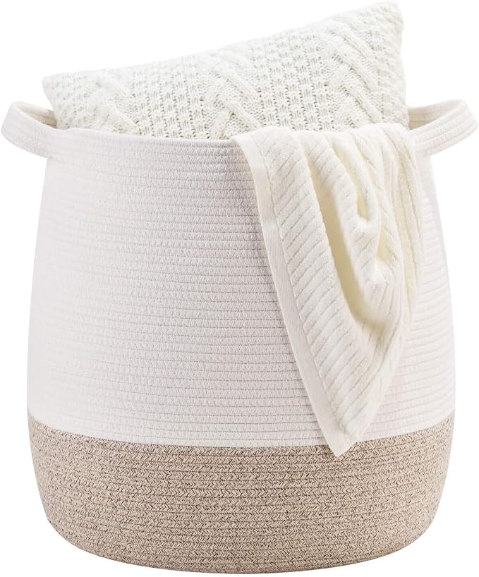 MINTWOOD Design Large 17 x 17 Inches Decorative Woven Cotton Rope Blanket Basket for Living Room, Laundry Basket Hamper, Storage Baskets with Handles for Toys, Throws, Pillows, Towels, Shoes, Brown