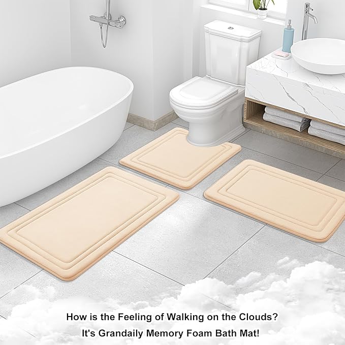 Grandaily Memory Foam Bath Mat Rug 24x16, Ultra Soft, Non-Slip and Absorbent Bathroom Rugs, Machine Wash Dry, Comfortable Bath Carpet for Bathroom Floor, Tub and Shower, Beige