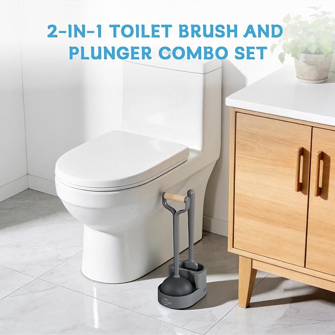 Sellemer Toilet Brush and Plunger Set, Curved Head for Deep Cleaning, Grey | Brush and Plunger set, Curved Nylon Bristles for Deep Clean, Strong Suction Plunger, Ventilated Holder for Quickly Air Dry