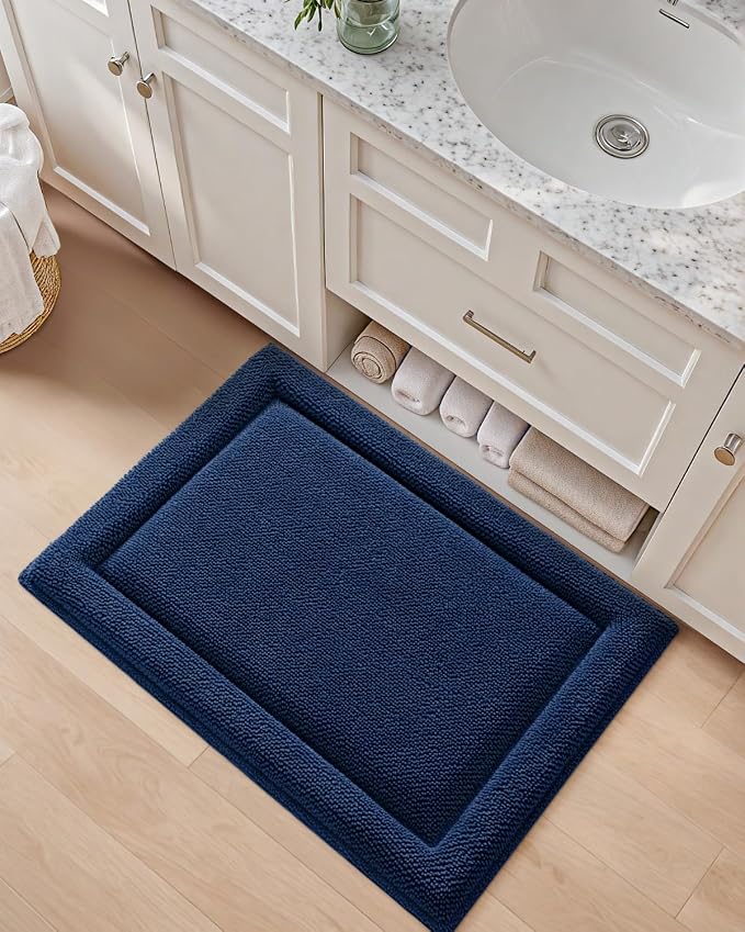 DEXI Memory Foam Bath Mat 32x20, Thick Chenille Bathroom Rug, Navy | Ultra Soft Absorbent, Non Slip Quick Dry, Cushion Plush Bath Carpet for Tub Shower, Sink