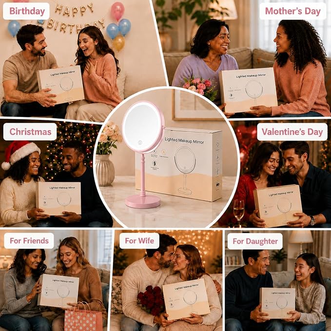 DEIOVWXS Makeup Mirror, Rechargeable Vanity Mirror with 3 Lights, 1X/10X | Adjustable Brightness, 3000mAh, Double-Sided, Gift for Mom, Women, Wife, Girls, Dorm Room Essential