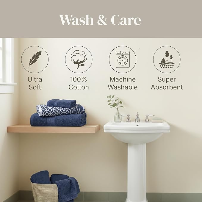 Modern Threads 6 Piece Bath Towel Set – Bathroom Set with 2 Bath Towels, 2 Hand Towels, and 2 Wash Cloths – 100% Cotton, Super Absorbent & Extra Soft – Reversible Botanical Vine (Navy)