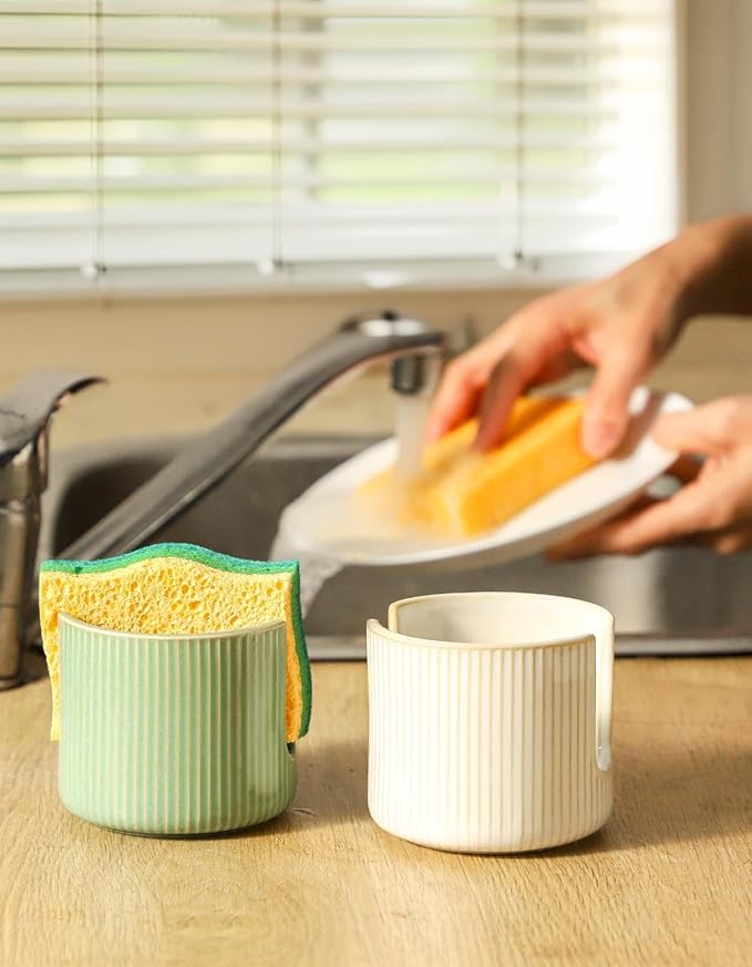 Sponge Holder for Kitchen Sink Countertop, Ceramic Scrub Sponge Dish Holder, Compact Sink Caddy Organizer Accessories for Dish Brush, Scrubber, Glazed Green