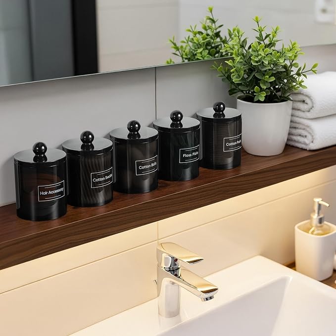 6 Pack Acrylic Qtip Holder Dispenser for Cotton Swabs, Balls, Floss Picks | Thick, Clear Black, w/ Labels - Small Canister Apothecary Jar Set, Bathroom Decor Essentials, Shelf Vanity Storage Organizer