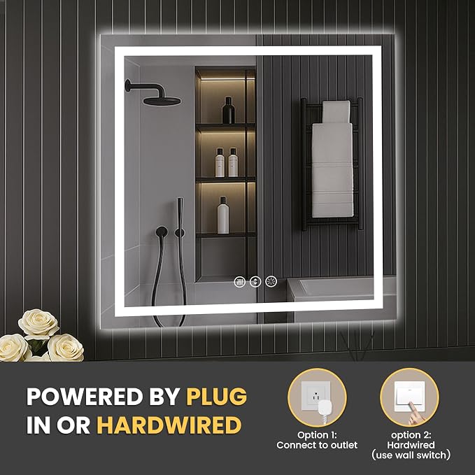 LOAAO 30"X30" LED Bathroom Mirror with Lights, UL Listed | Anti-Fog, Dimmable, 3 Color Temperature, Backlit + Front Lit, Memory Function, Tempered Glass