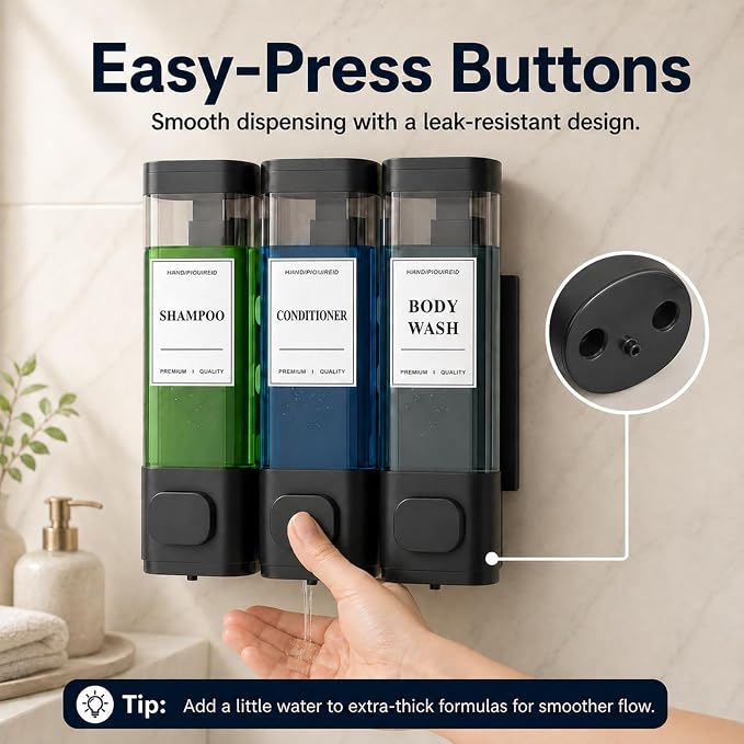 Shampoo and Conditioner Dispenser – Wall-Mounted Shower Soap Dispenser, No-Drill Installation, Lockable, 900 ml Capacity,for Bathroom & Hotel or Airbnb (Black, 3-Pack)