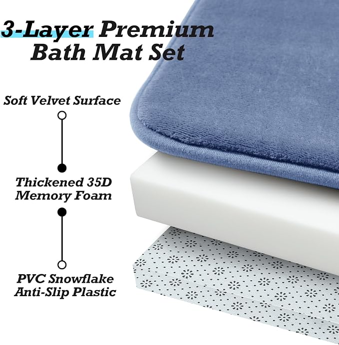 Bathroom Rugs Sets 2 Piece, Non-Slip & Quick Dry Bath Mat Set, Ultra Soft Velvet Bath Rugs for Bathroom, Toilet and Shower Floor, Dusty Blue