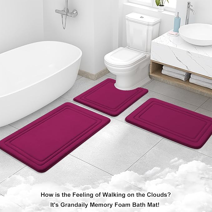 Grandaily Memory Foam Bath Mat Rug 24x16, Ultra Soft, Non-Slip and Absorbent Bathroom Rugs, Machine Wash Dry, Comfortable Bath Carpet for Bathroom Floor, Tub and Shower, Burgundy