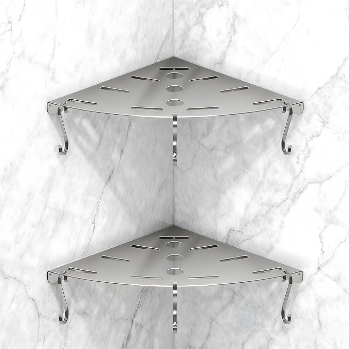 2 Pack Corner Shower Shelves, 304 Stainless Steel Corner Shelf Bathroom with 6 Hooks 40 lbs Heavy Duty, Durable for Inside Shower Brushed Nickel Drilling Installation (Silver)
